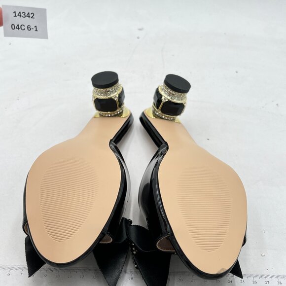 FSJ Black Low Heel Rhinestone Bow Mule Sandals Peep Toe Crystal Slipper - Picture 7 of 8